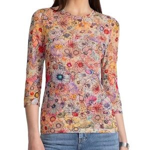 Johnny Was Three-Quarter Printed Mesh Top Floral Daisy Boho XS